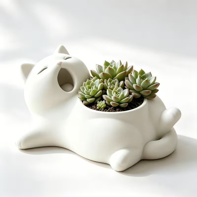 Cute White Cat Yawning Flower  - 3D Printing Pot review and price