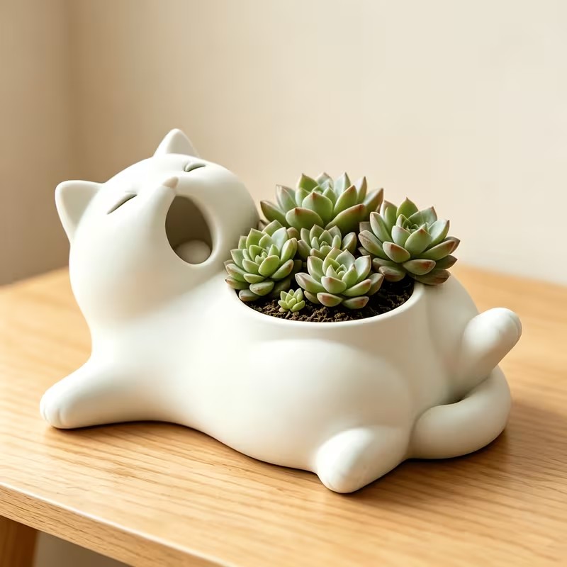 Cute White Cat Yawning Flower  - 3D Printing Pot review and price